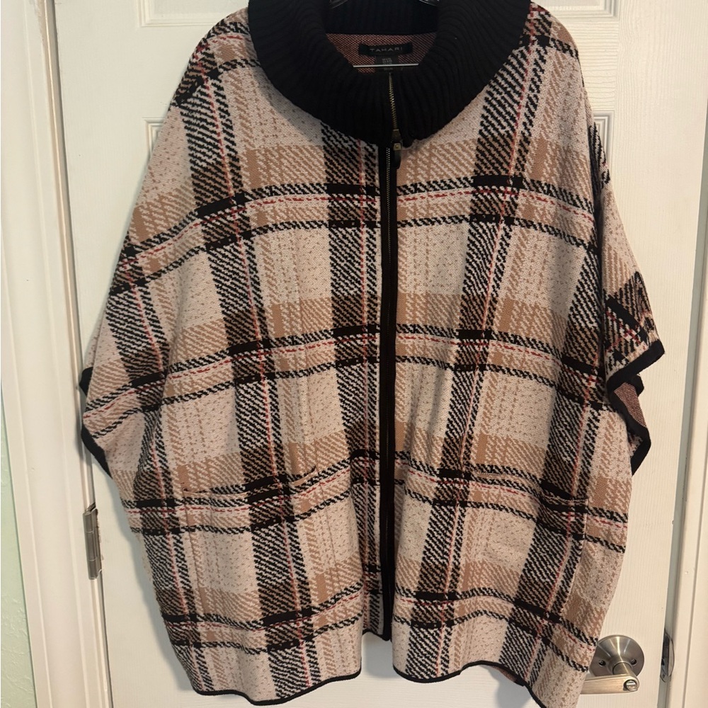 Tahari Plaid Poncho with Black Collar